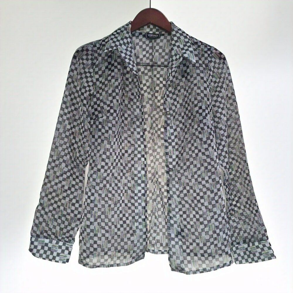 VERSACE Jeans Couture Sheer Checkered Print Blouse - Medusa Button - Size M